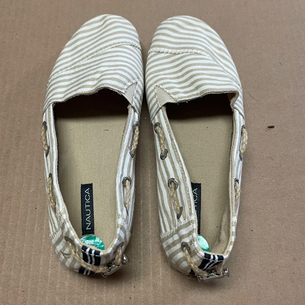 Nautica Women's Sz 8/38 Rudder Tan Striped‎ Canvas Espadrille Slip On Boat Shoes